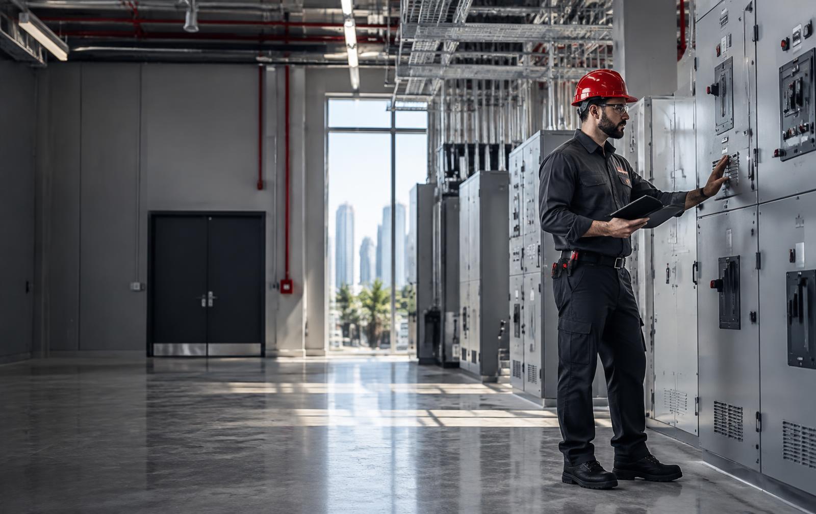 Commercial electrician inspecting switchgear in a modern electrical room